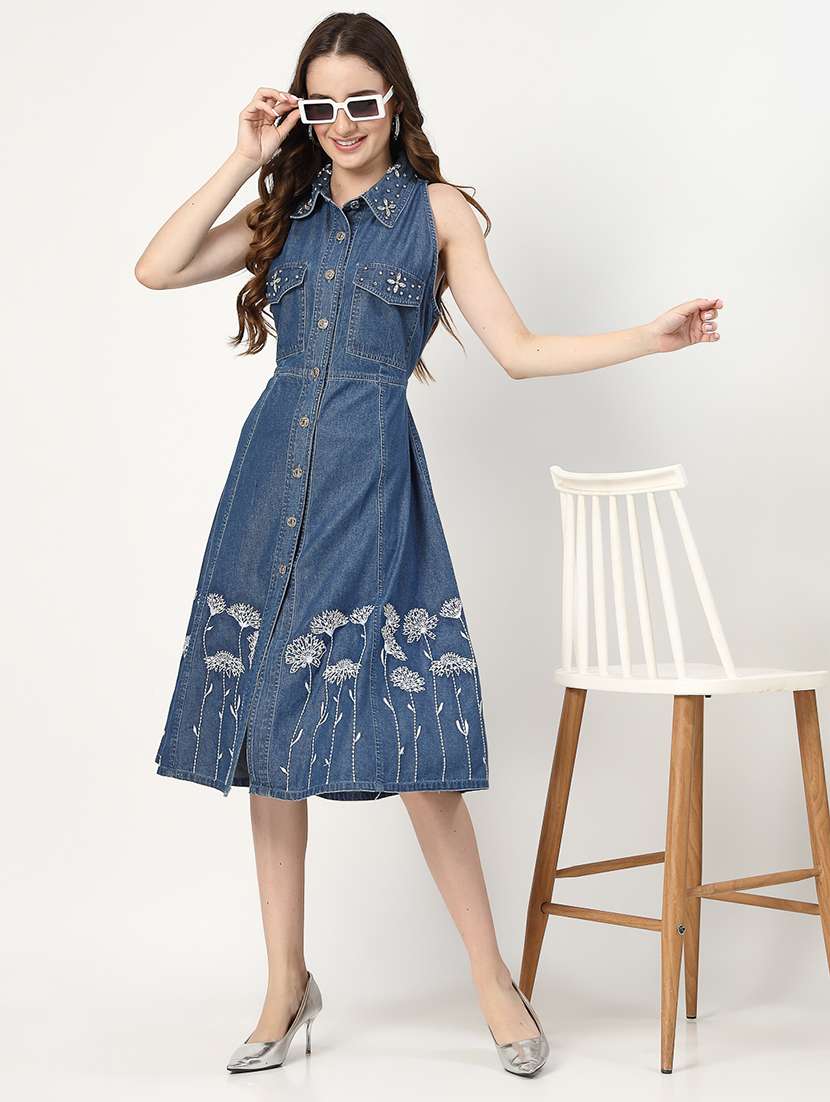 women blue embellished sleeveless a-line dress