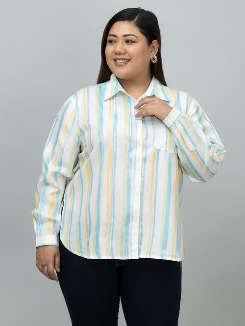 women stripes plus size long sleeve high-low shirt - 21644621 -  Standard Image - 0