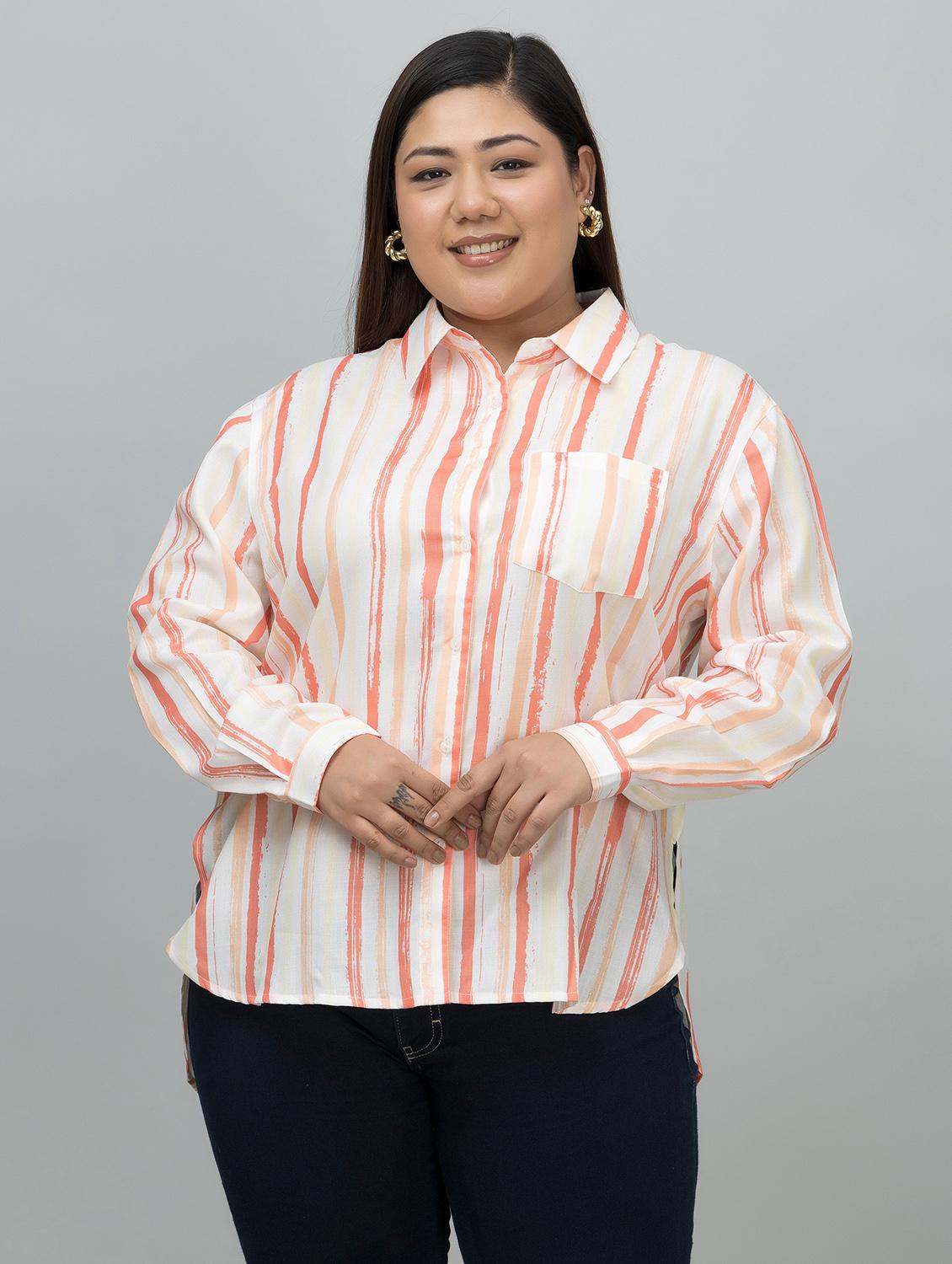 women stripes plus size long sleeve high-low shirt - 21644622 -  Zoom Image - 0