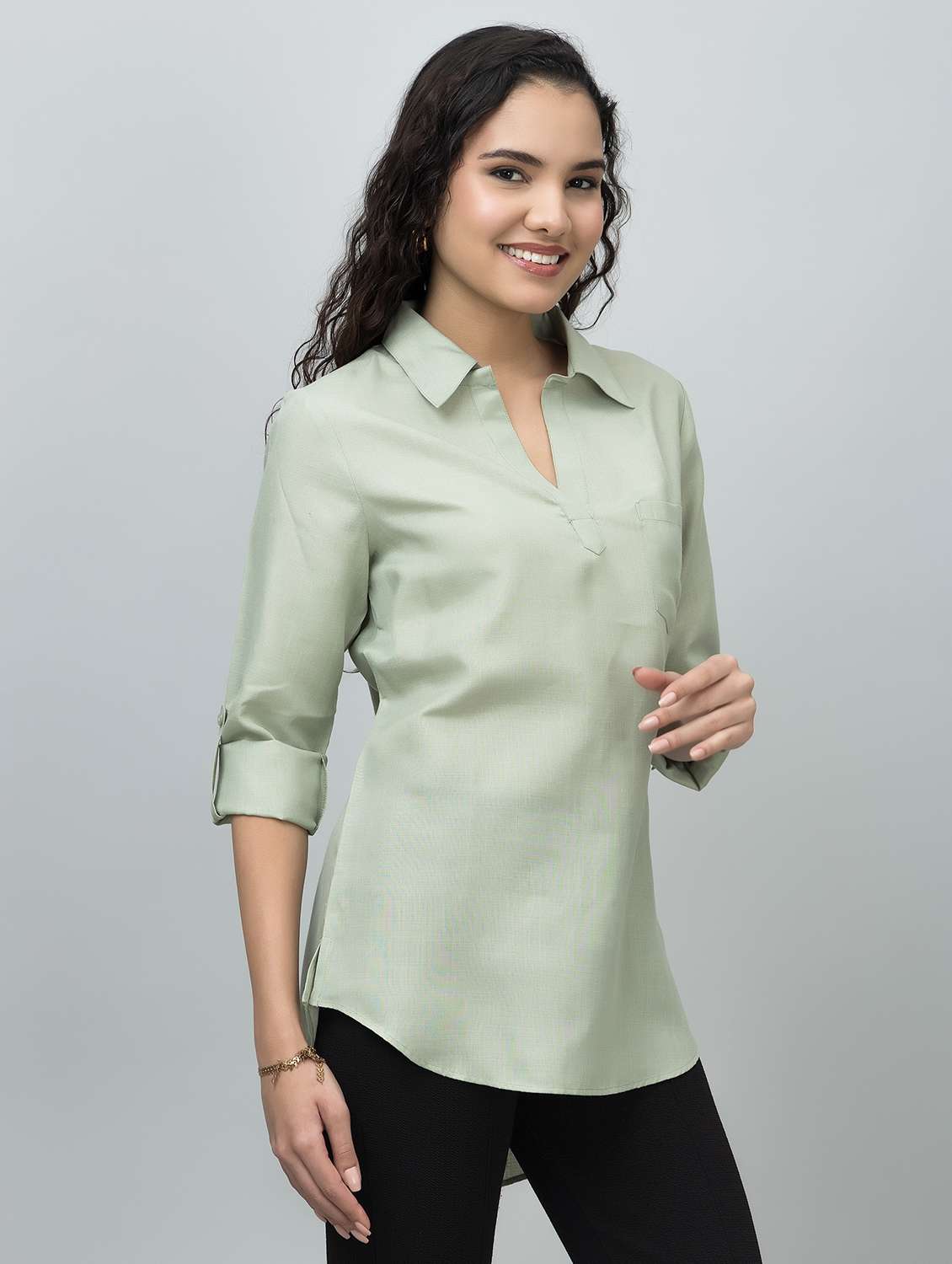 women solid long sleeve side slit tunic - 21644625 -  Standard Image - 2