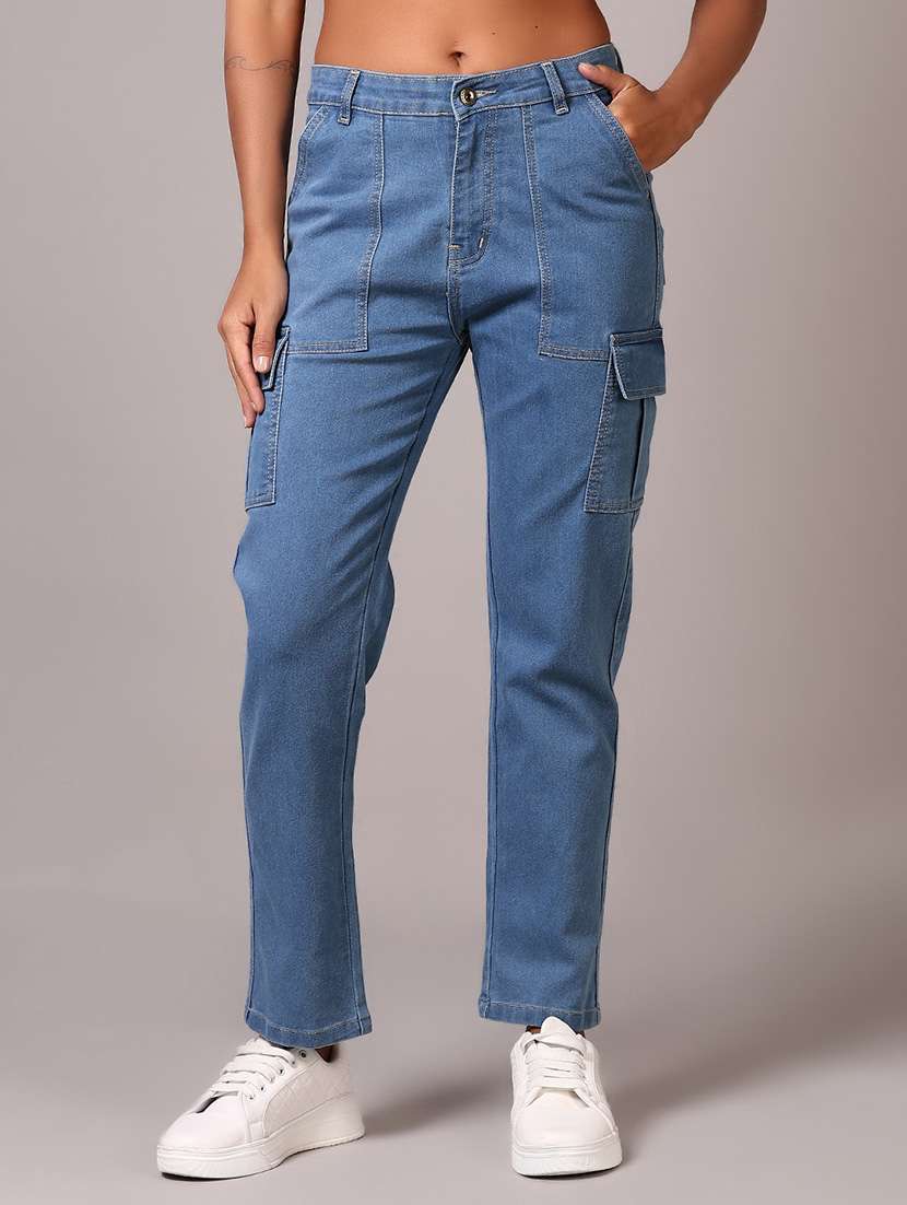 women solid mid rise denim cargo