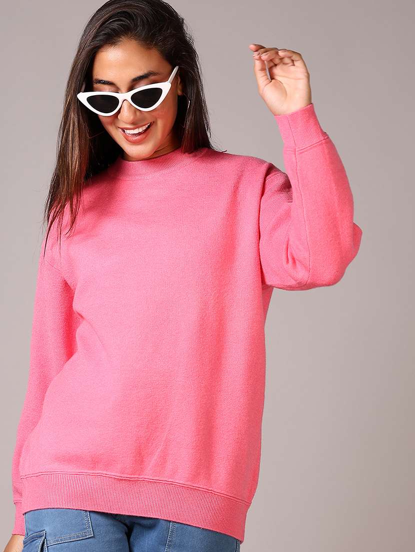 women pink solid crew neck long sleeve pullover