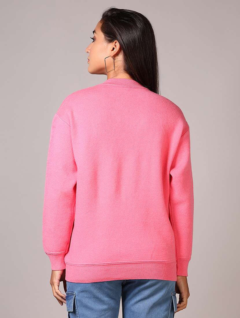women pink solid crew neck long sleeve pullover - 21645249 - Standard Image - 2