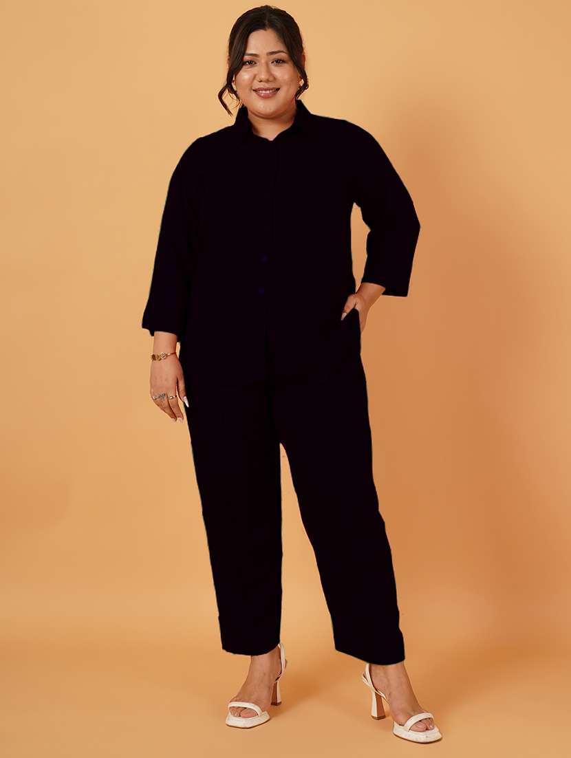 women solid shirt and trouser co-ord set