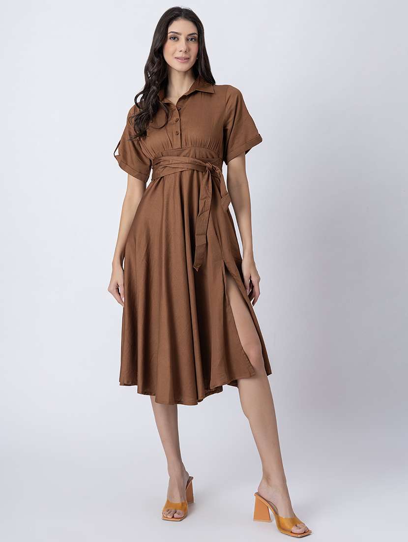 women collared solid asymmetric dress