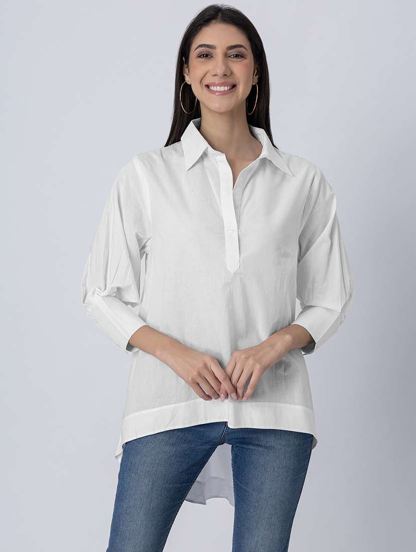 women solid long sleeves high-low shirt