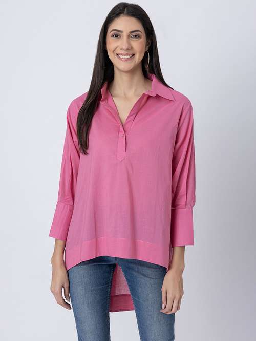 women solid long sleeves high-low shirt - 21645549 - Standard Image - 0