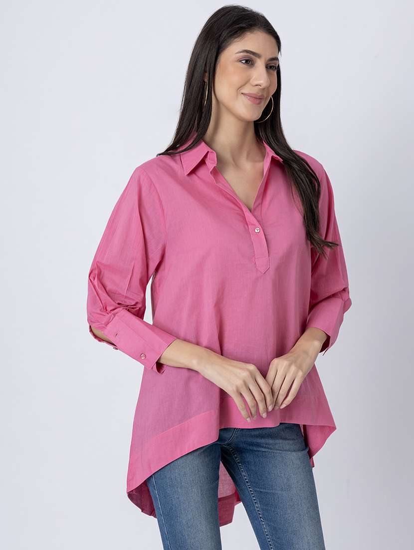 women solid long sleeves high-low shirt - 21645549 - Standard Image - 2