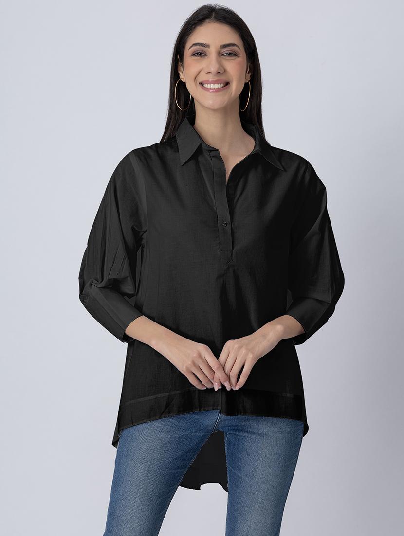 women solid long sleeves high-low shirt - 21645550 - Zoom Image - 0