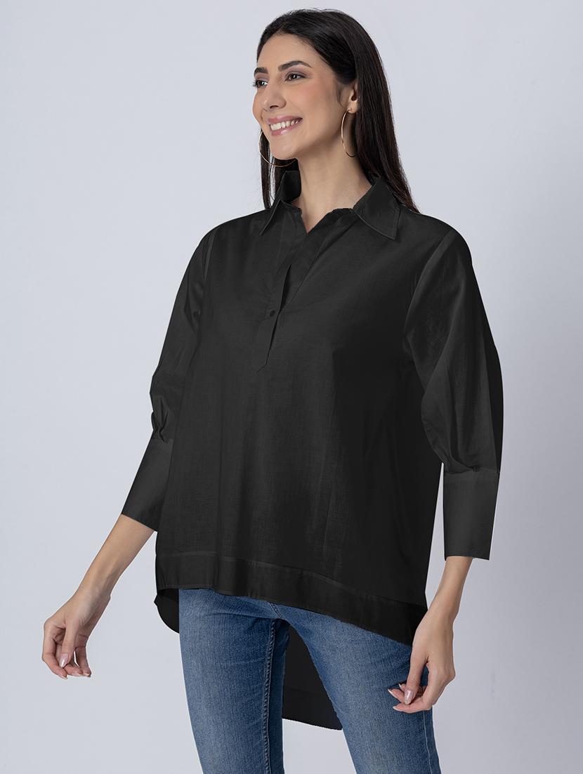 women solid long sleeves high-low shirt - 21645550 - Standard Image - 2