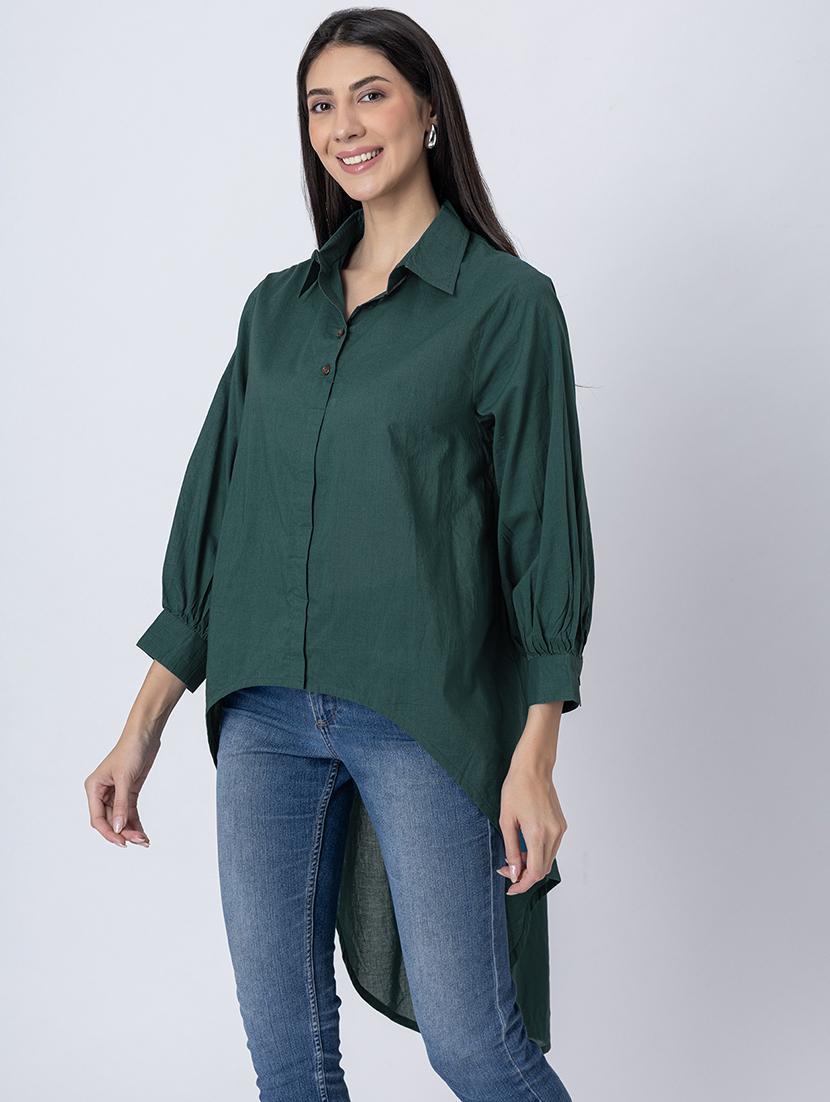 women solid long sleeves high-low shirt - 21645552 - Standard Image - 2