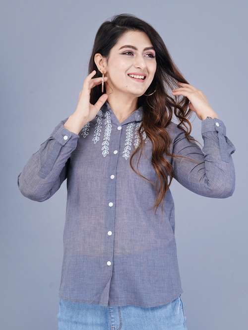 women blue solid sleeve shirt top - 21645573 -  Standard Image - 0