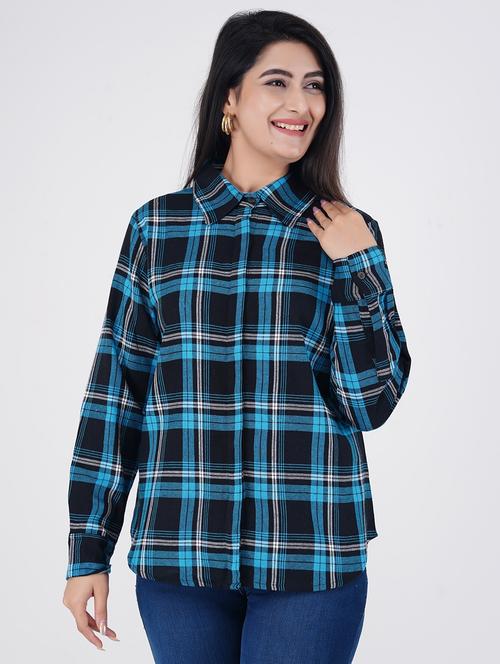 women blue long sleeve checks shirt - 21645574 - Standard Image - 0