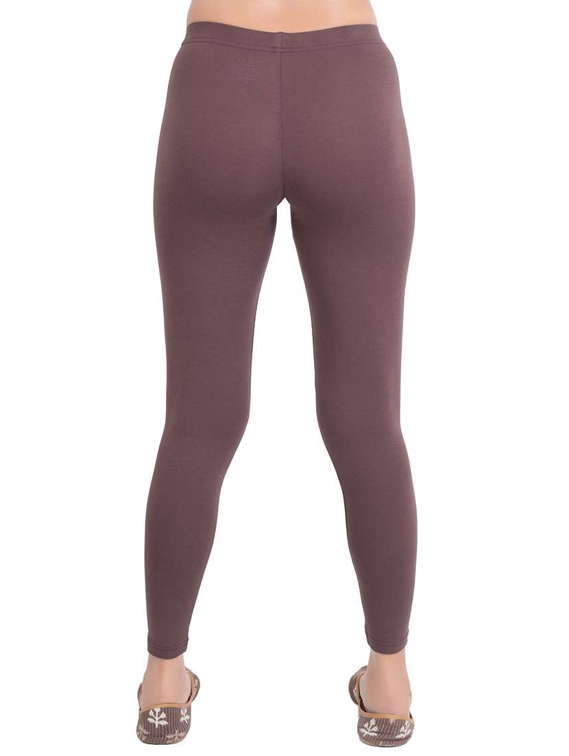 brown cotton blend women plain ankle length mid rise leggings - 21645752 -  Standard Image - 2