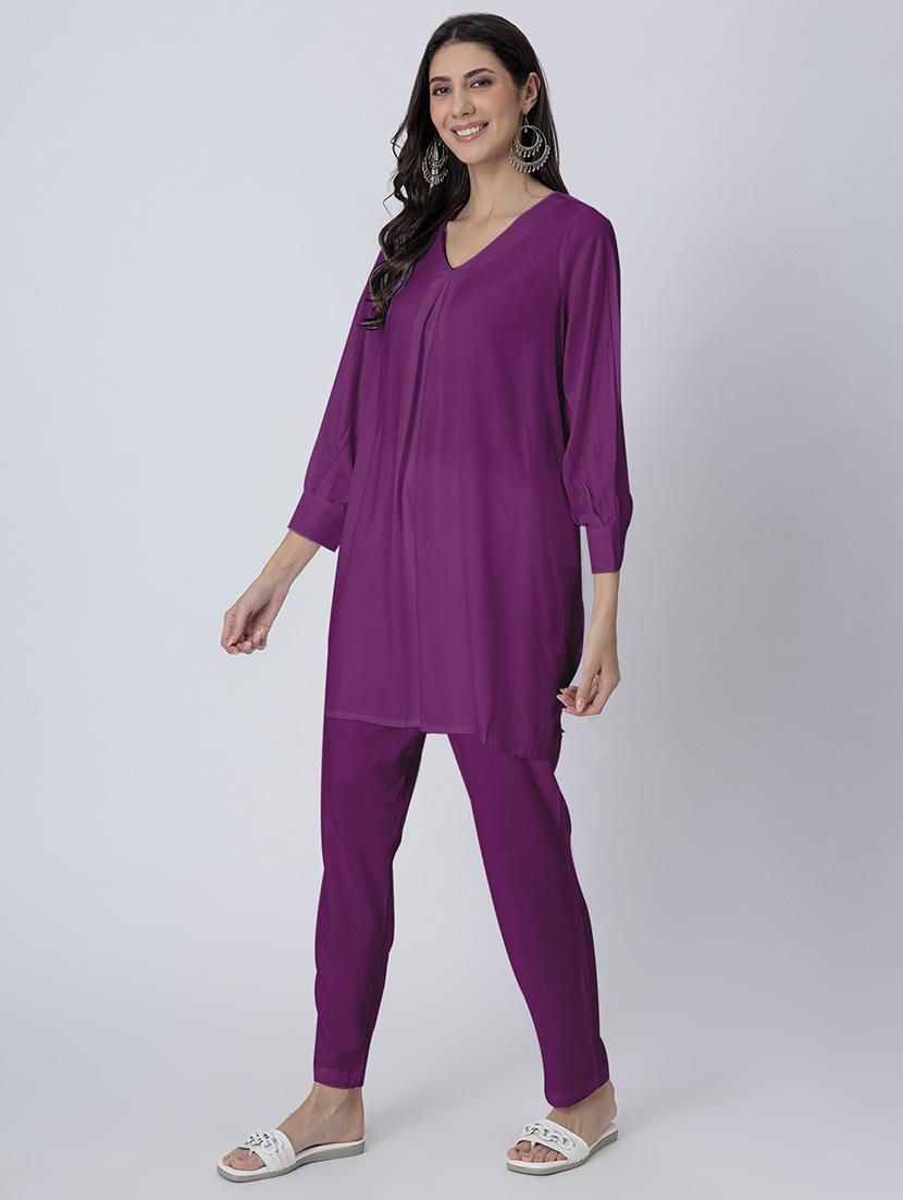 women solid v neck a-line kurti - 21645800 - Standard Image - 2