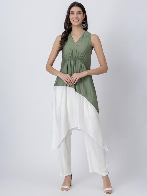 women color block v neck asymmetric kurta - 21645816 -  Standard Image - 0