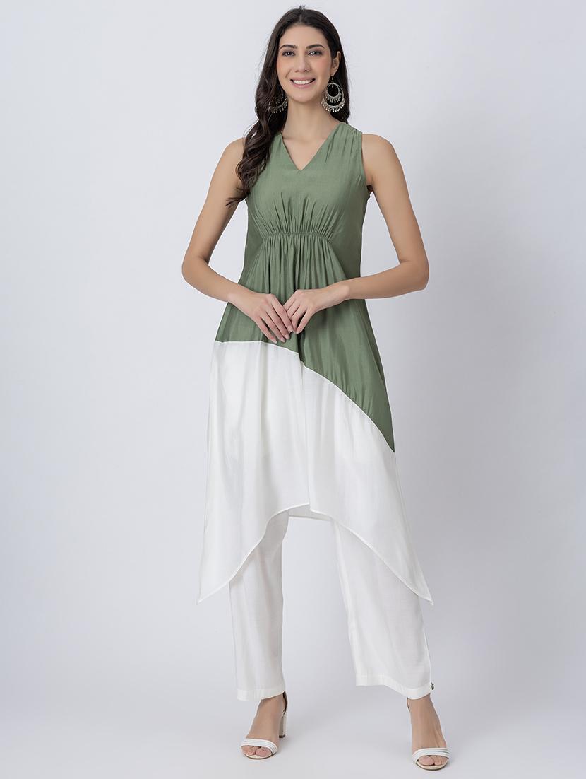 women color block v neck asymmetric kurta - 21645816 -  Zoom Image - 0