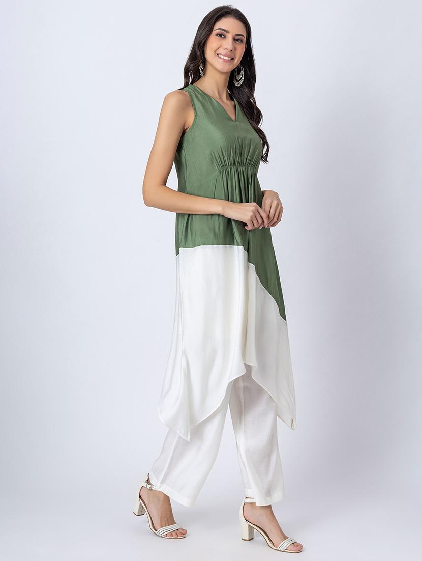women color block v neck asymmetric kurta - 21645816 - Standard Image - 2
