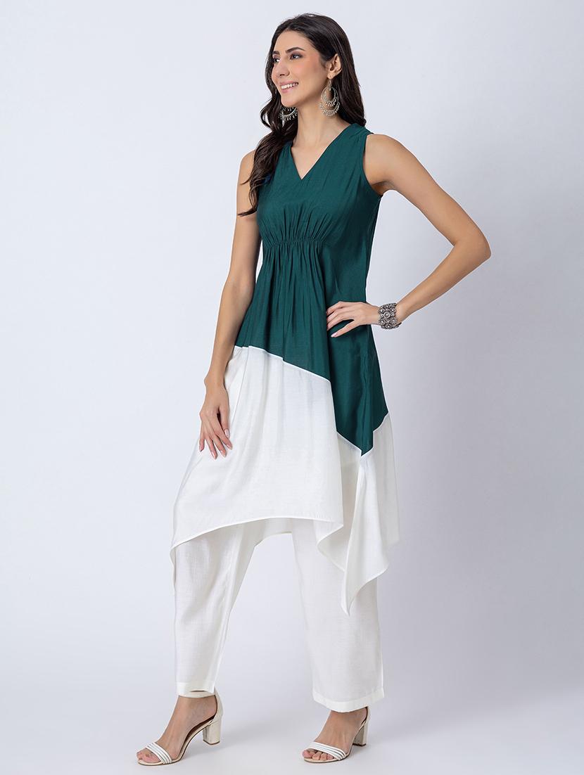 women color block v neck asymmetric kurta - 21645817 - Standard Image - 2