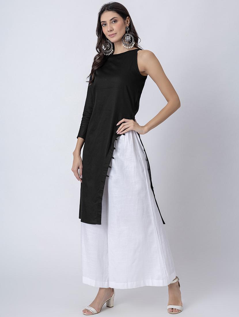 women solid boat neck front slit kurta - 21645819 - Standard Image - 2