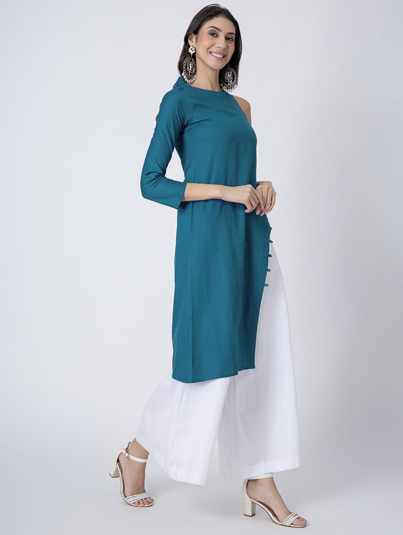 women solid boat neck front slit kurta - 21645820 - Standard Image - 2
