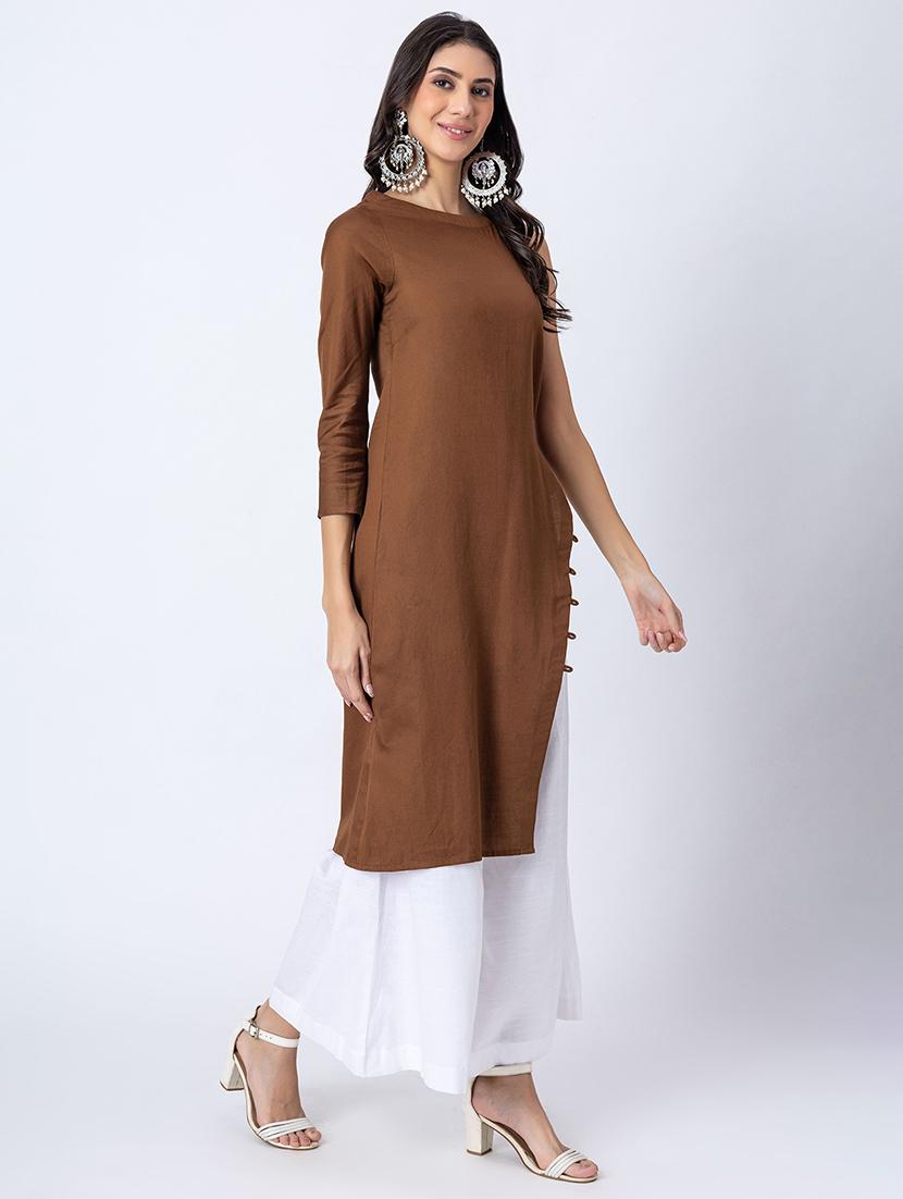 women solid boat neck front slit kurta - 21645821 - Standard Image - 2