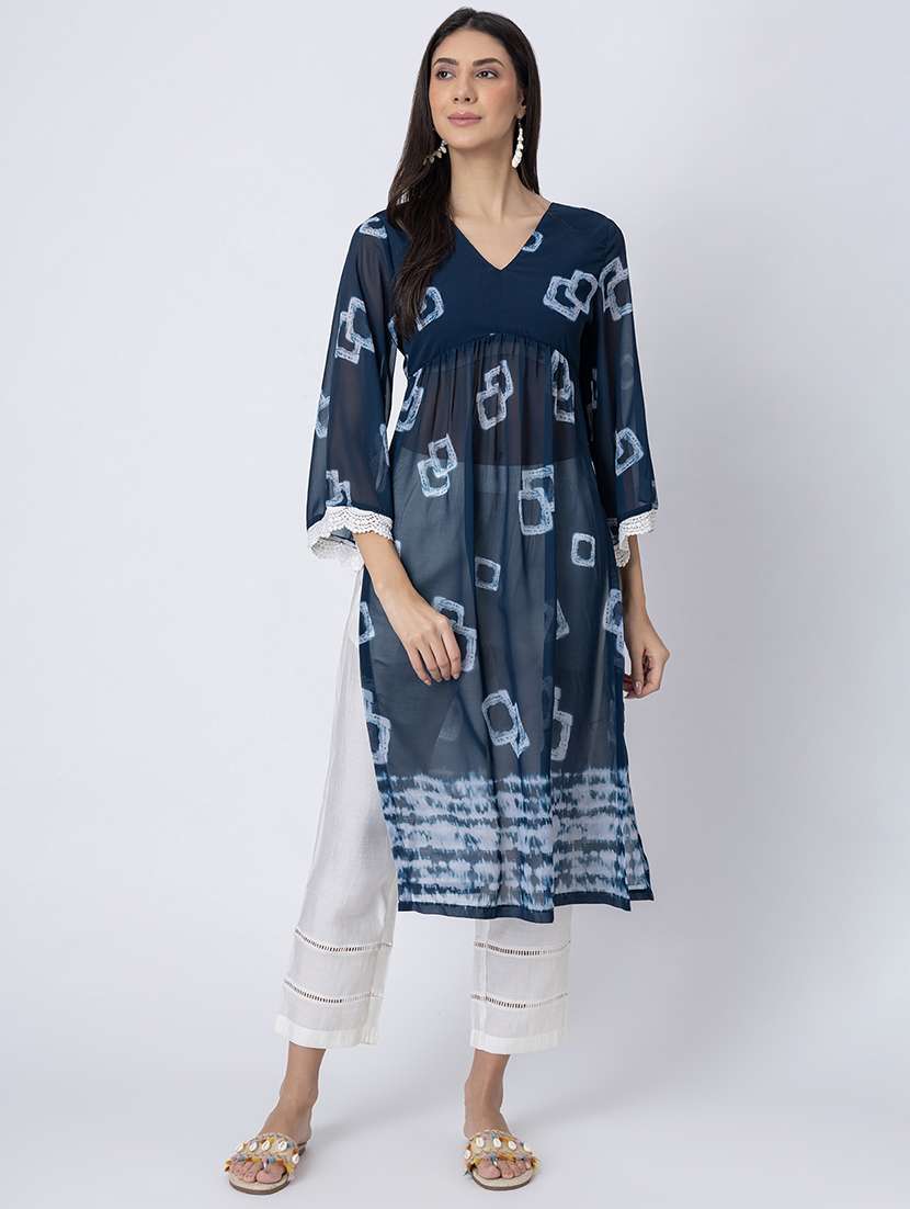 women printed three quarter sleeve a-line kurta