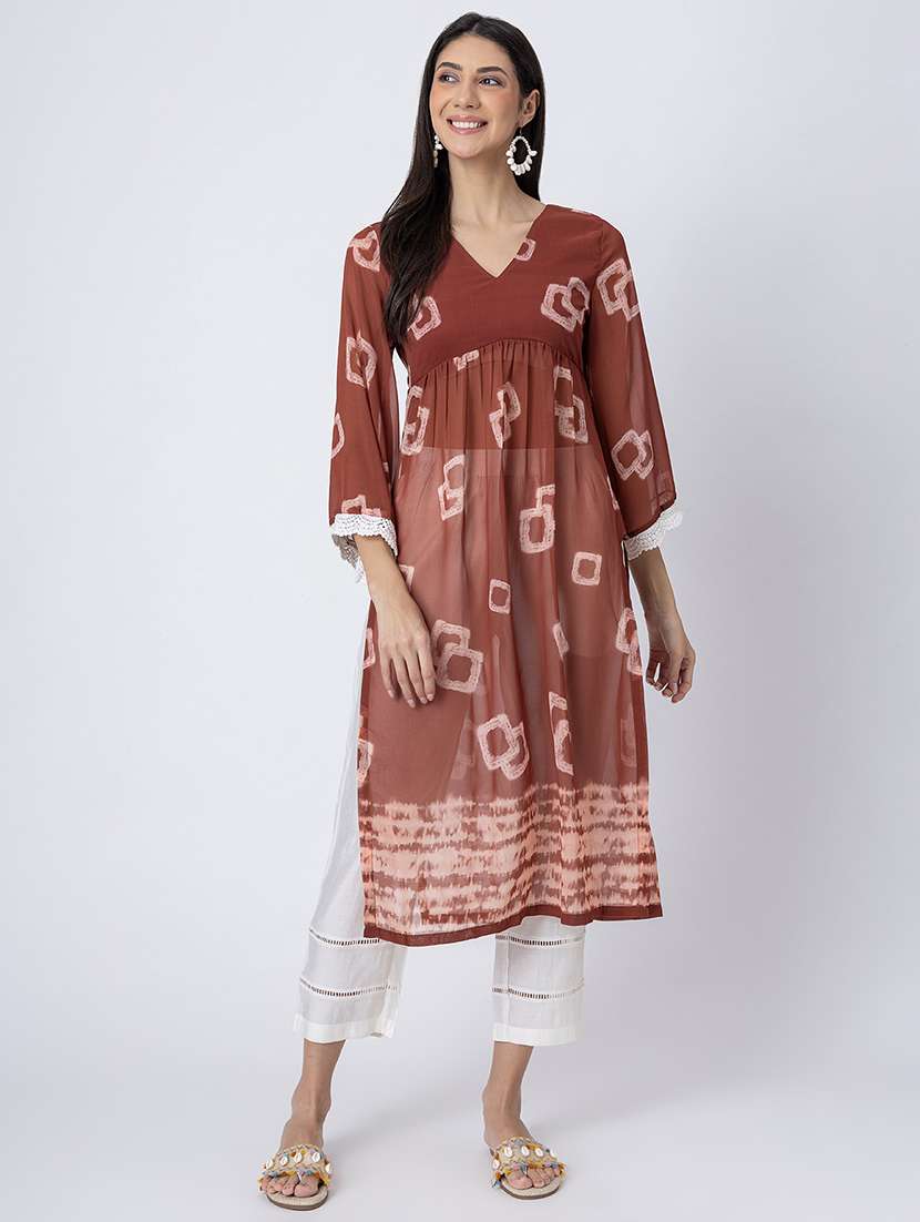 women printed three quarter sleeve a-line kurta