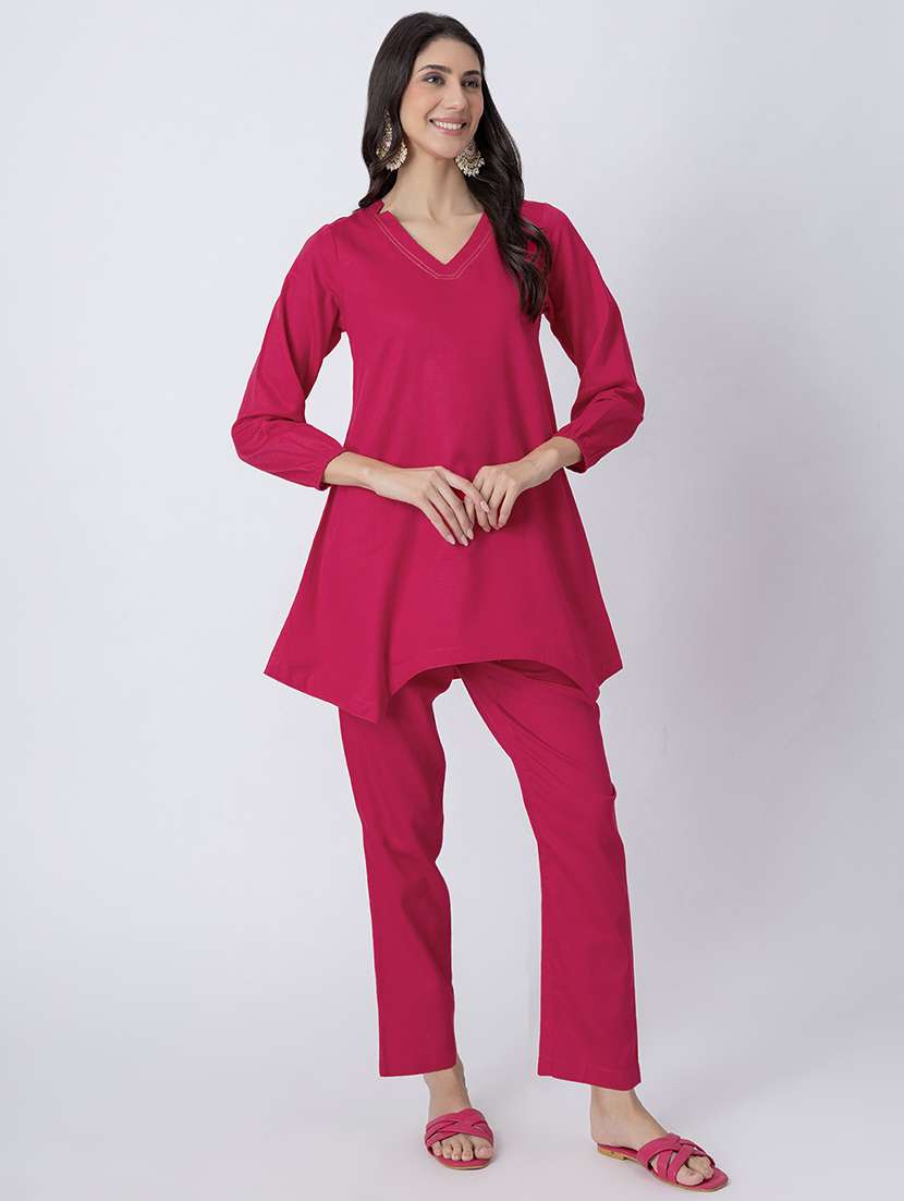 women pink solid v neck a-line kurti