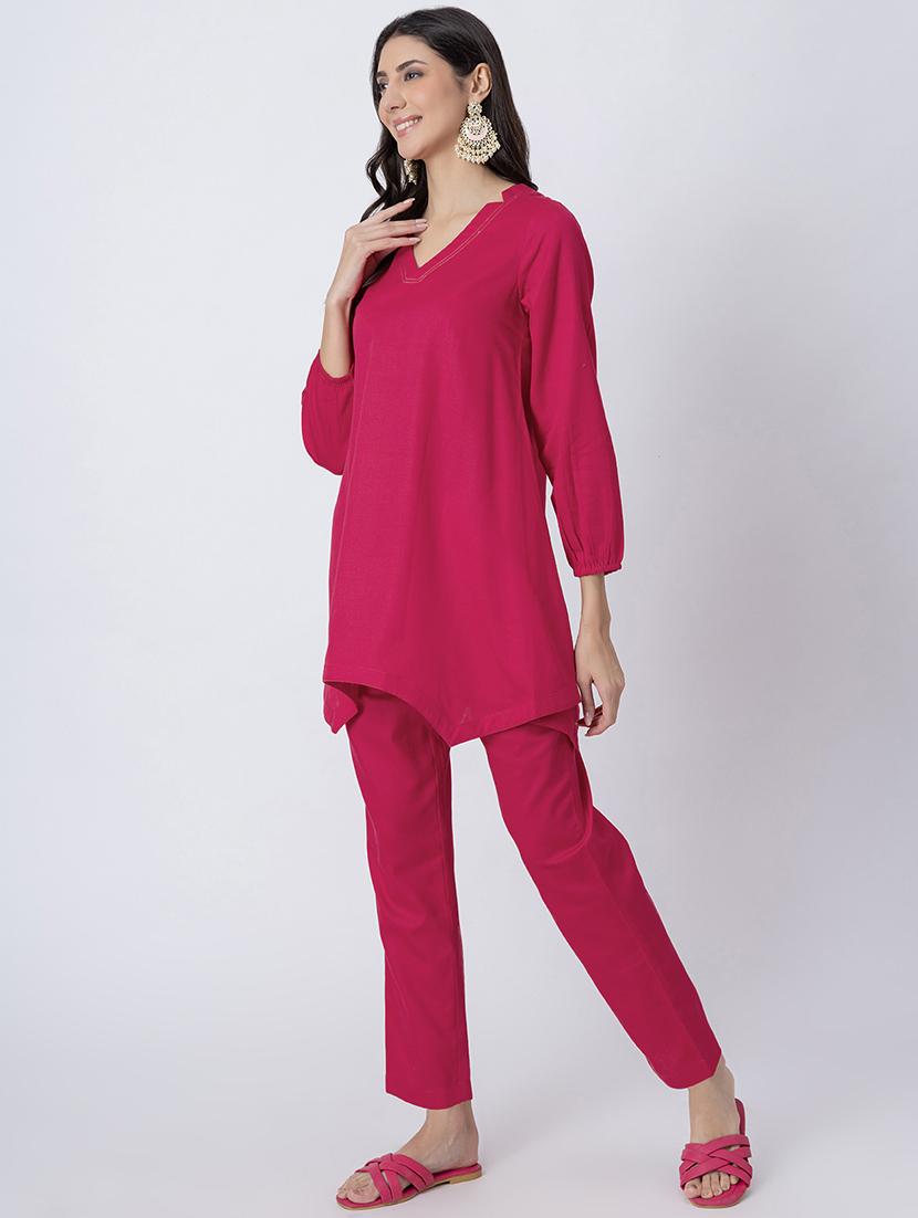 women pink solid v neck a-line kurti - 21645833 - Standard Image - 2