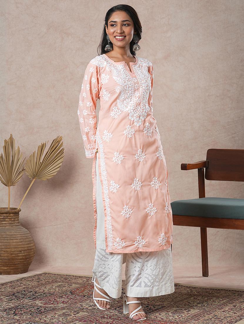 women long sleeve straight chikankari kurta - 21645838 - Standard Image - 2