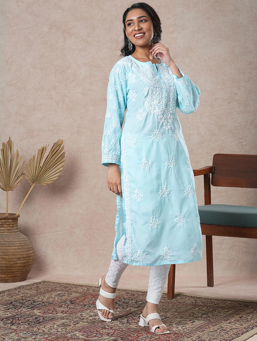 women long sleeve straight chikankari kurta - 21645839 - Standard Image - 2