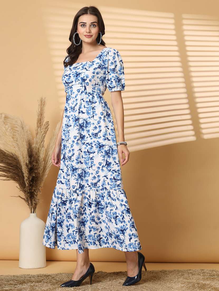 Women Square Neck Floral Printed Tiered Dress
