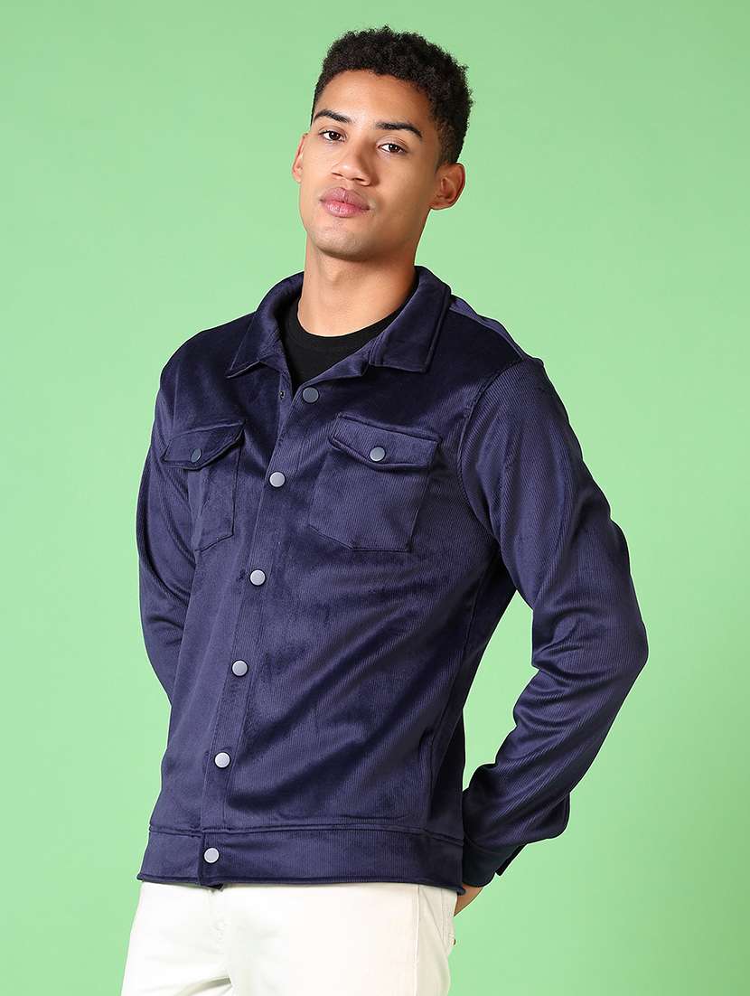 men blue solid long sleeve shacket - 21646041 -  Standard Image - 2