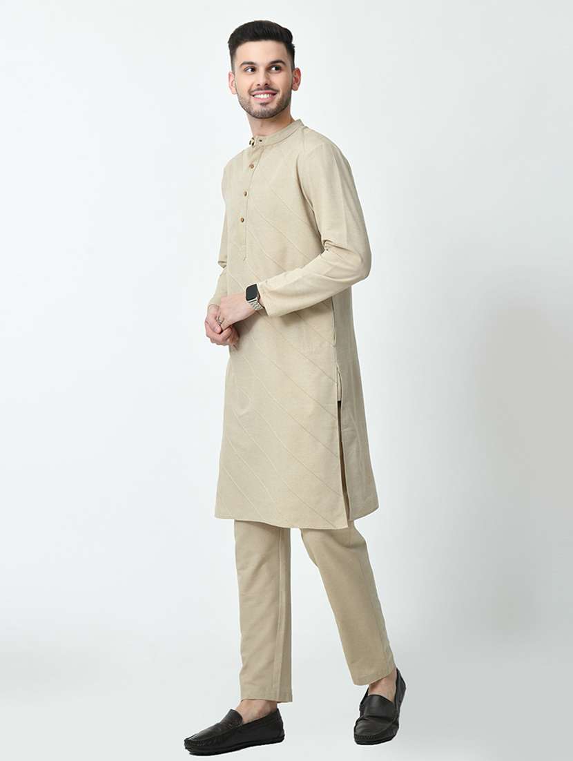 men solid front pleated mandarin neck long kurta - 21646604 -  Standard Image - 2