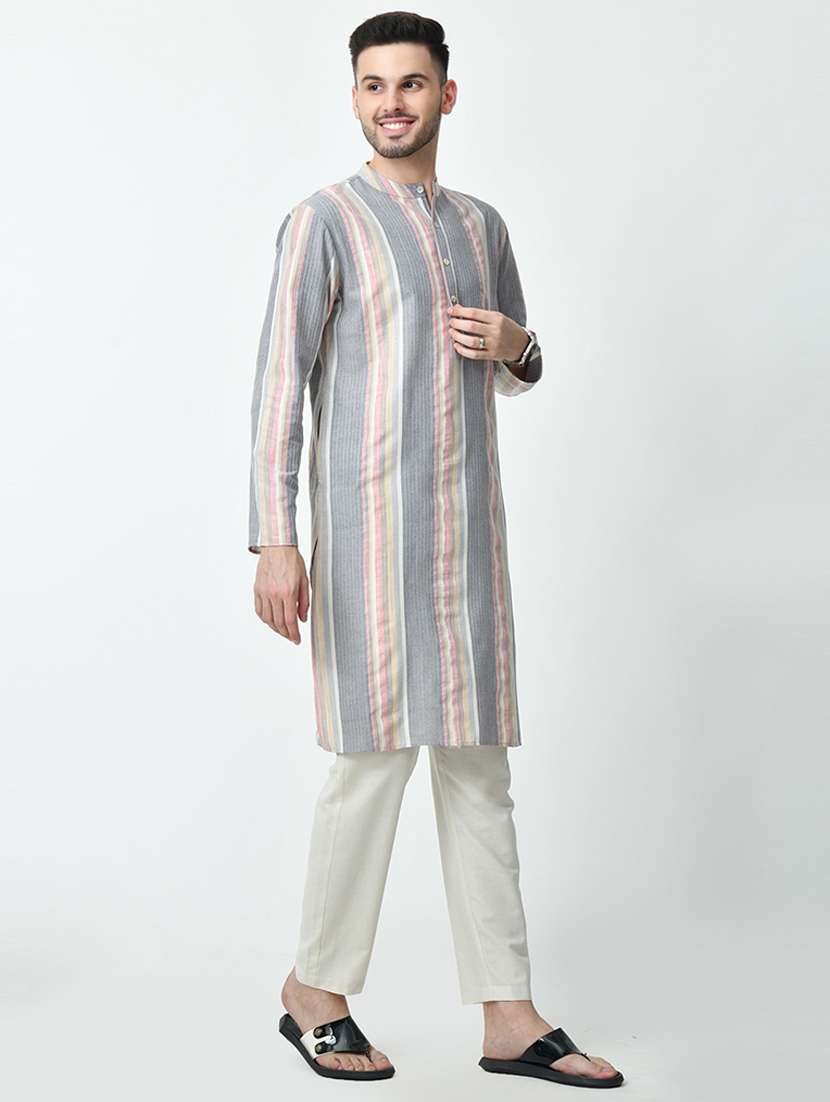men striped mandarin neck long kurta - 21646606 -  Standard Image - 2