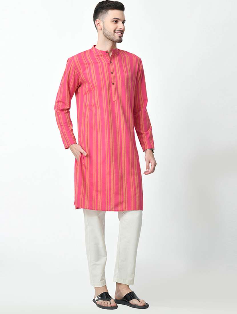 men stripes mandarin neck long kurta - 21646607 - Standard Image - 2