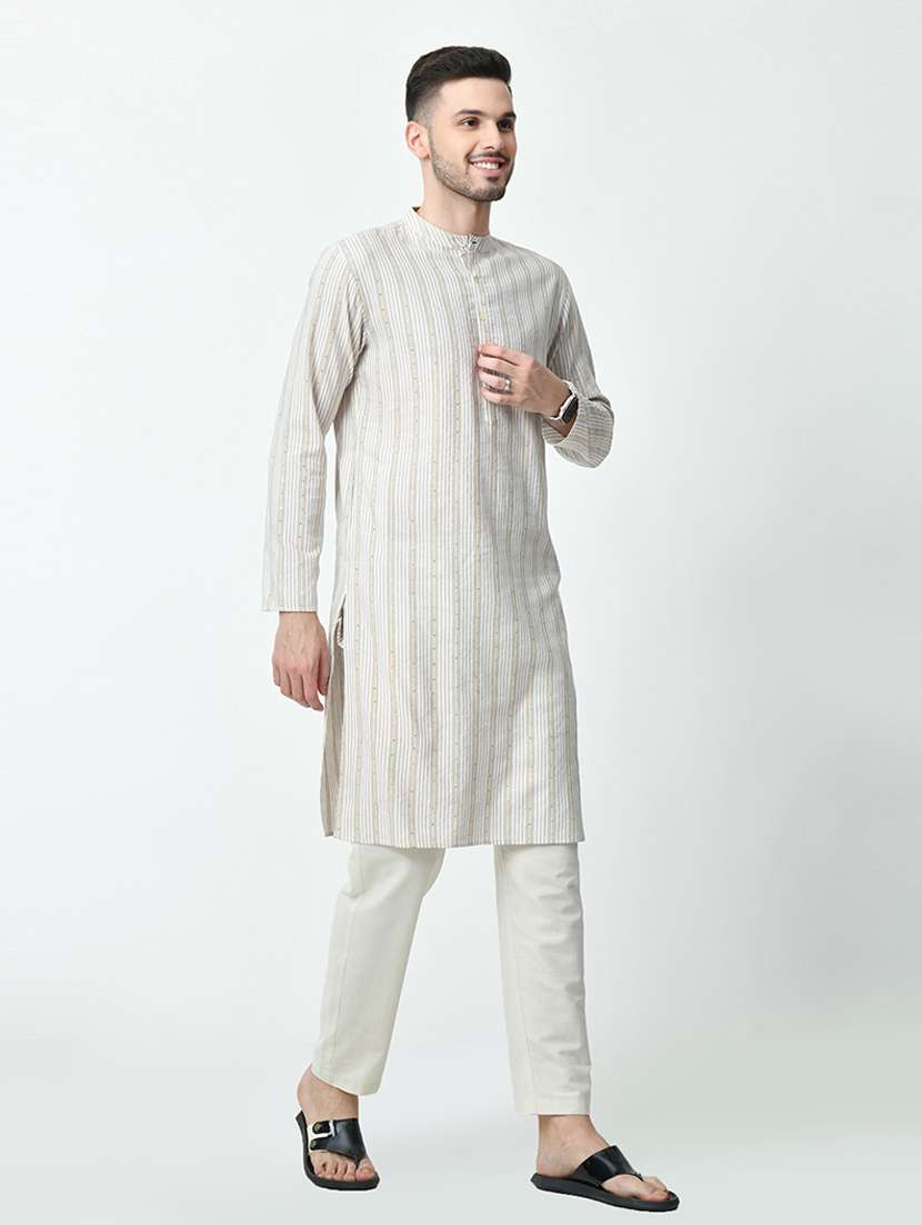 men stripes mandarin neck long kurta - 21646608 - Standard Image - 2