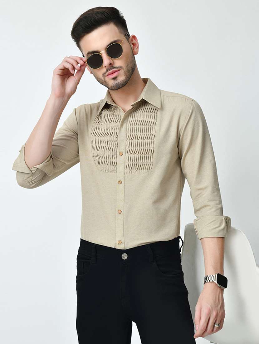 men front pleated regular fit plain long sleeve shirt