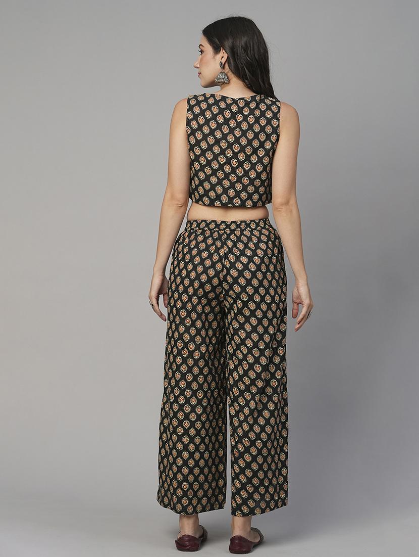 globus women black boat neck ethnic print crop top with partially elasticated mid-rise palazzos fusion co-ord set - 21646832 - Standard Image - 2