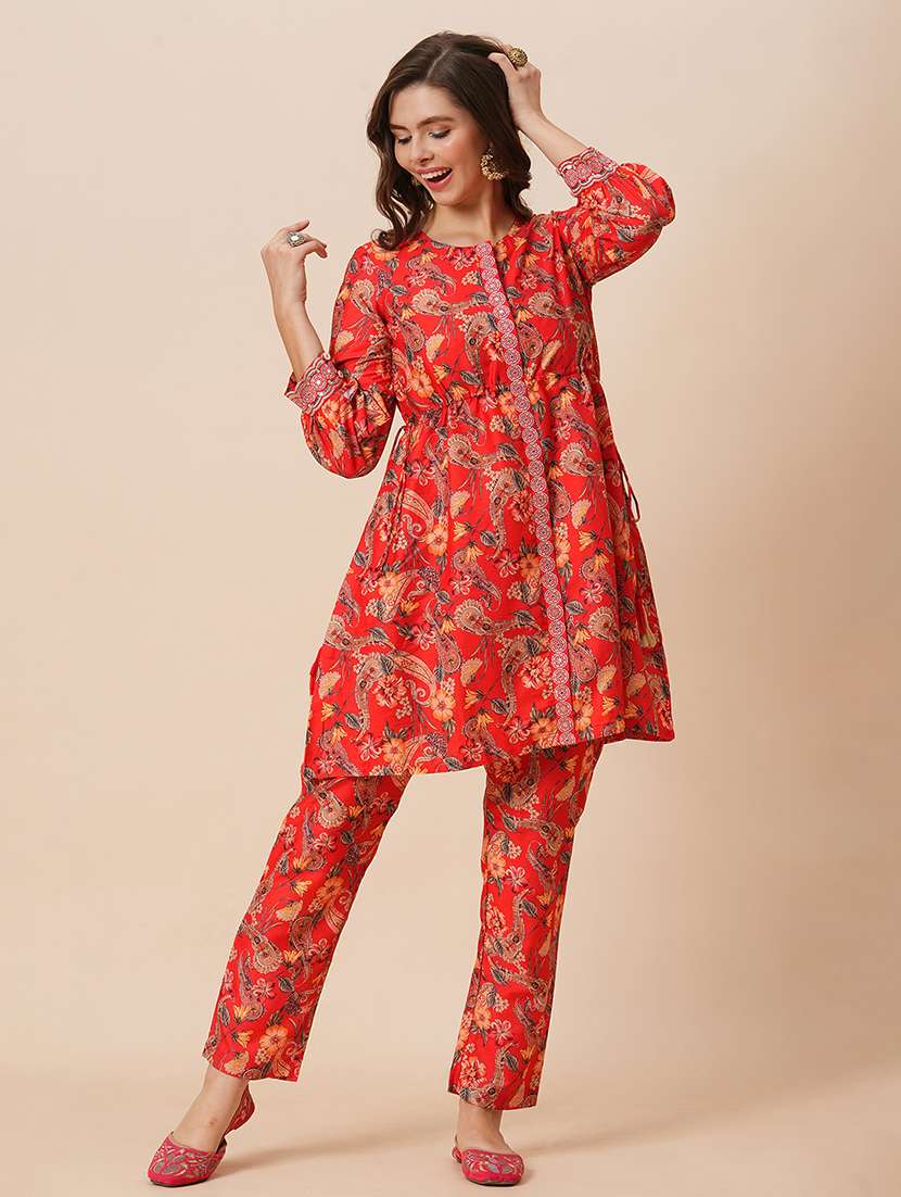globus women red round neck floral print drawstring detail tunic with fully elasticated mid-rise narrow pants fusion co-ord set - 21646837 - Standard Image - 2
