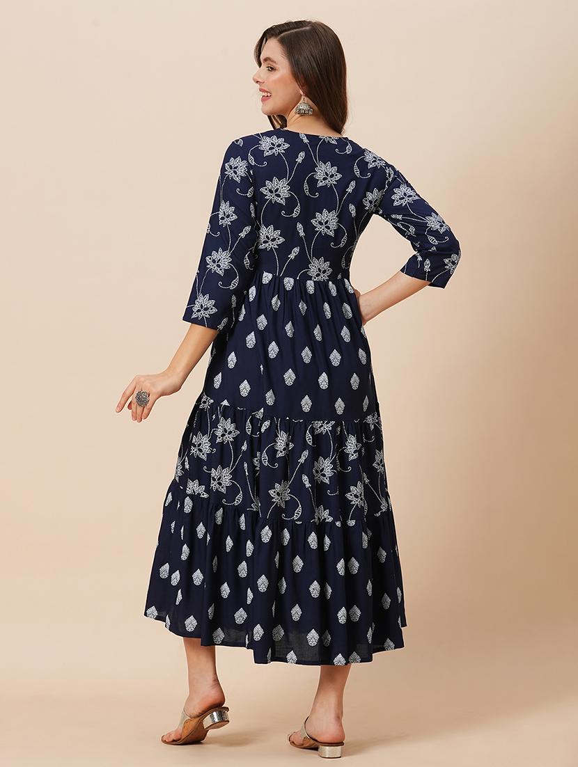 globus women navy blue round neck floral ethnic print gathered tiered a-line midi dress - 21646839 - Standard Image - 2