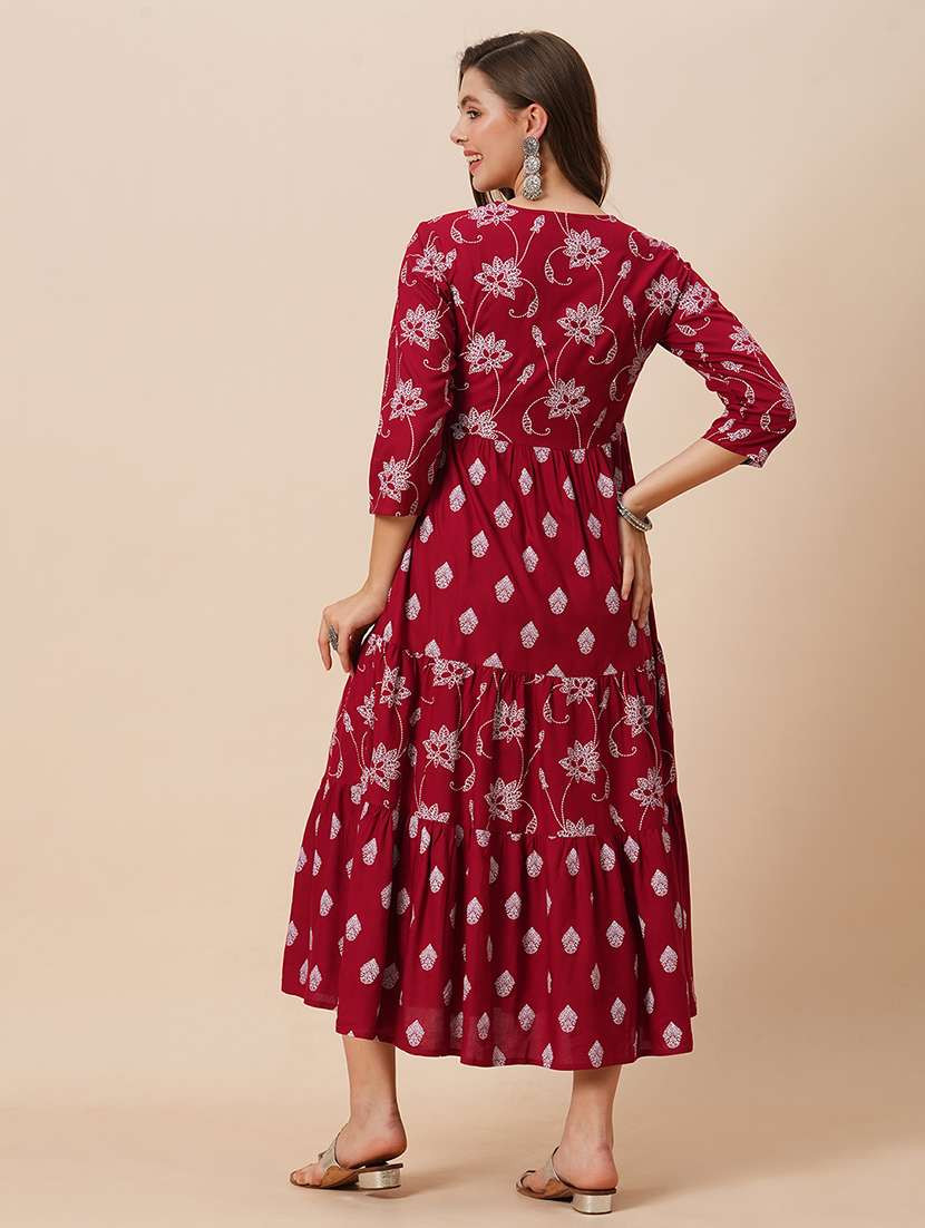 globus women maroon round neck floral ethnic print gathered tiered a-line midi dress - 21646840 -  Standard Image - 2