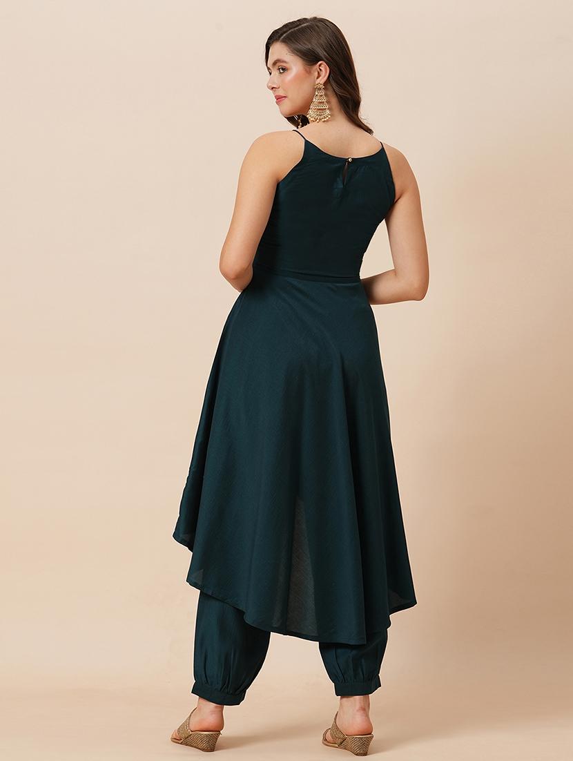 globus women teal embroidered round halter neck high-low hem a-line kurta with fully elasticated afghani pants festive set - 21646843 - Standard Image - 2