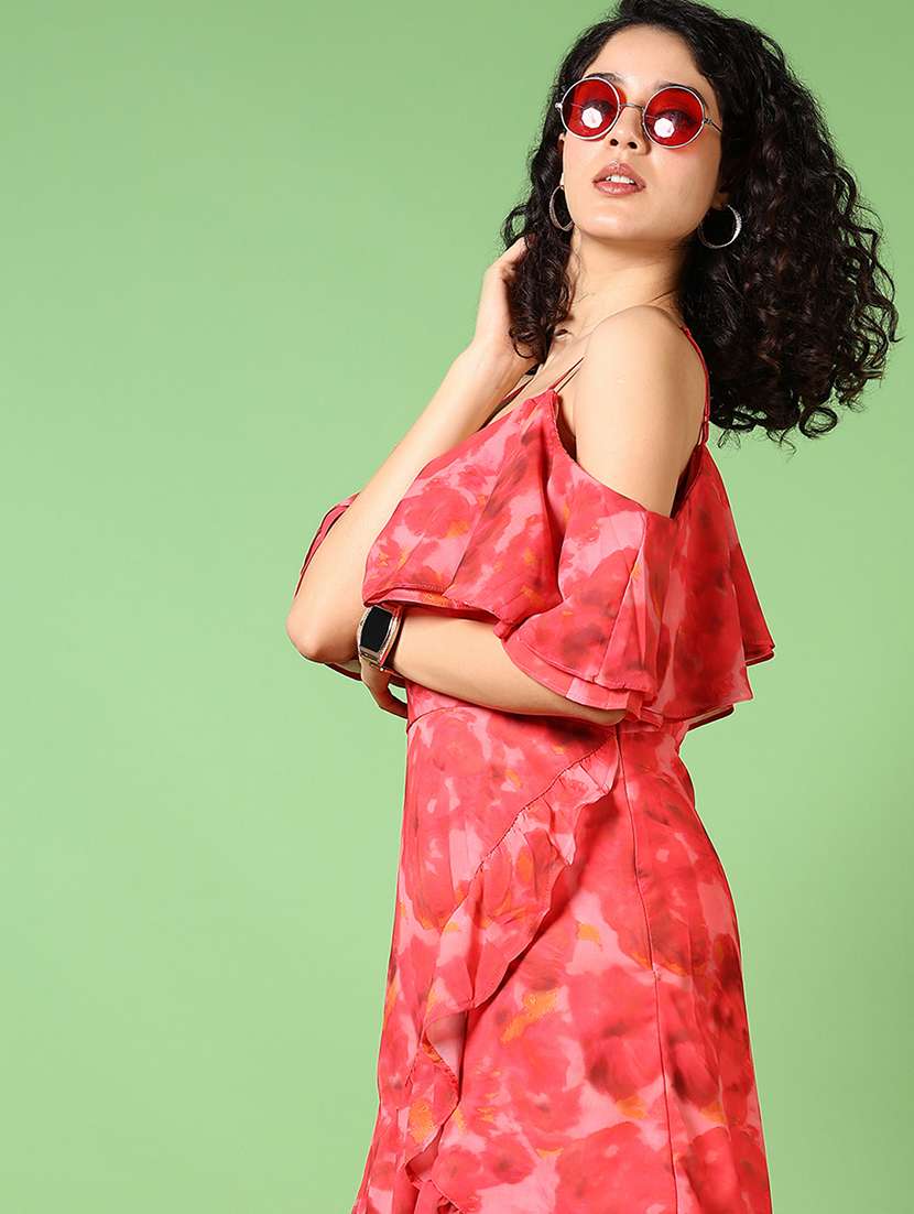 women printed shoulder strap ruffled dress