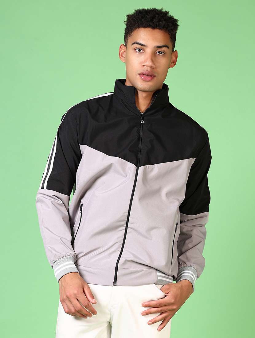 men grey color block print bomber jacket