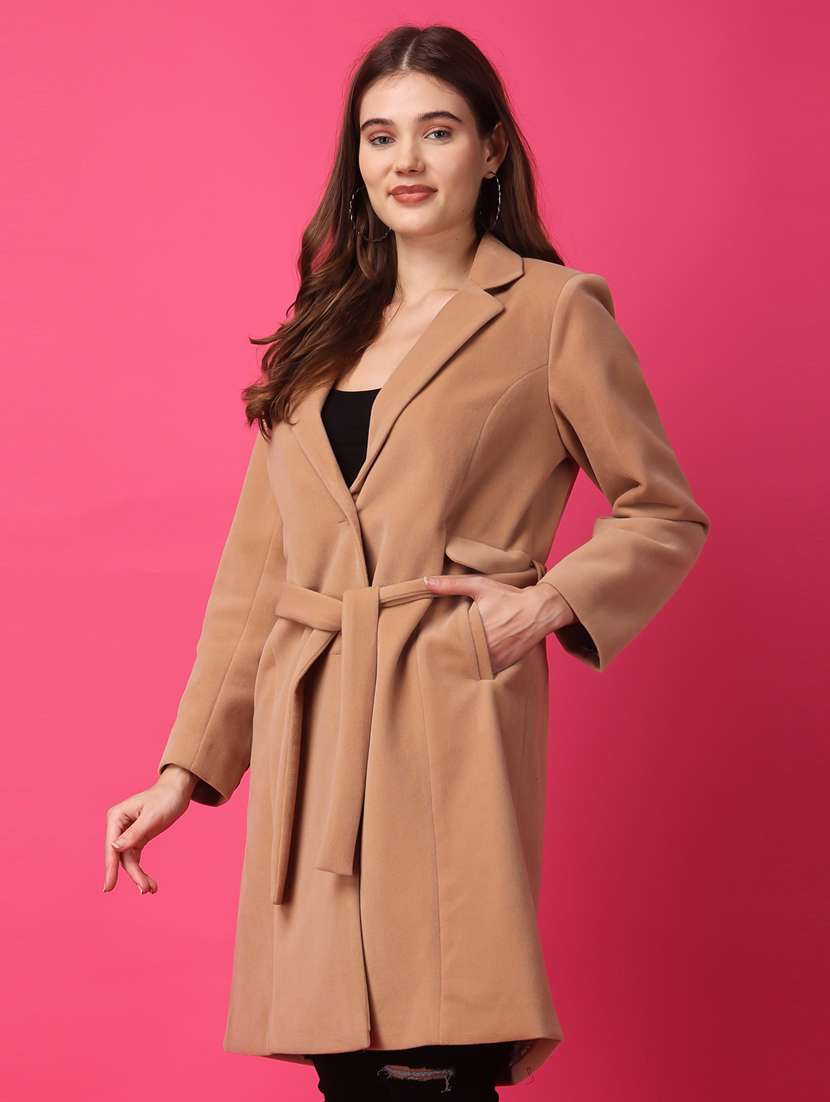women lapel neck solid trench coat