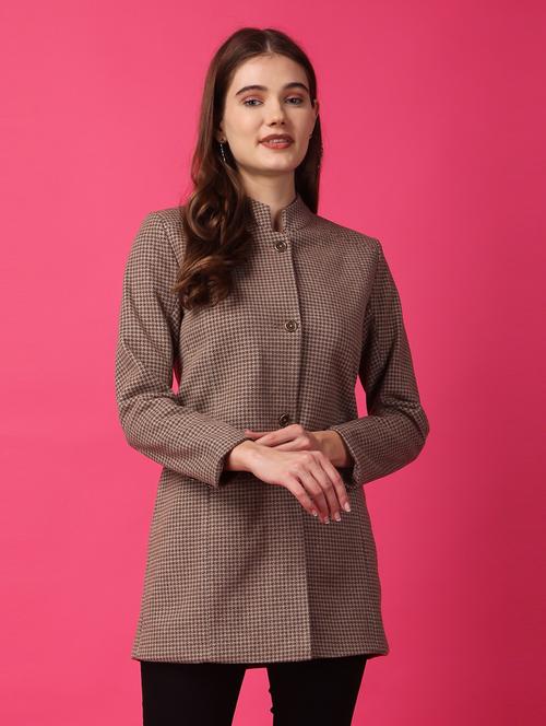women mandarin neck checkered regular coat - 21647157 - Standard Image - 0