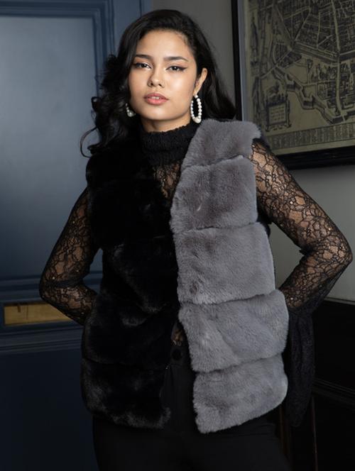 women grey color block fur jacket - 21647259 -  Standard Image - 0