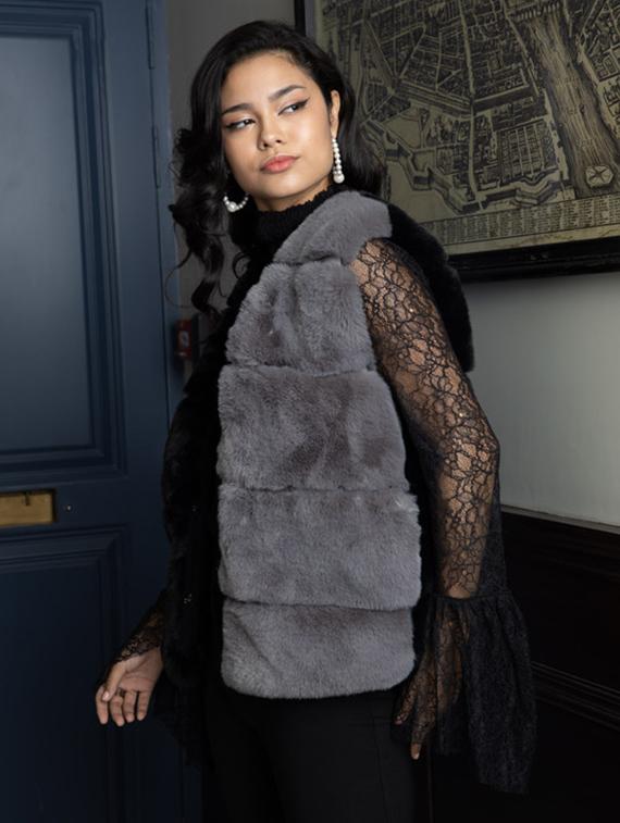 women grey color block fur jacket - 21647259 - Standard Image - 2